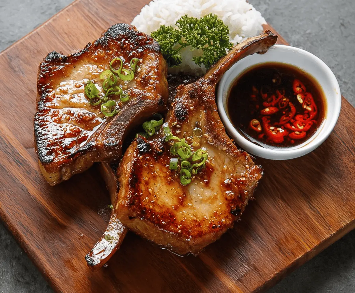 Juicy teriyaki pork chops glazed with shiny, flavorful sauce served on a plate garnished with green onions and sesame seeds.