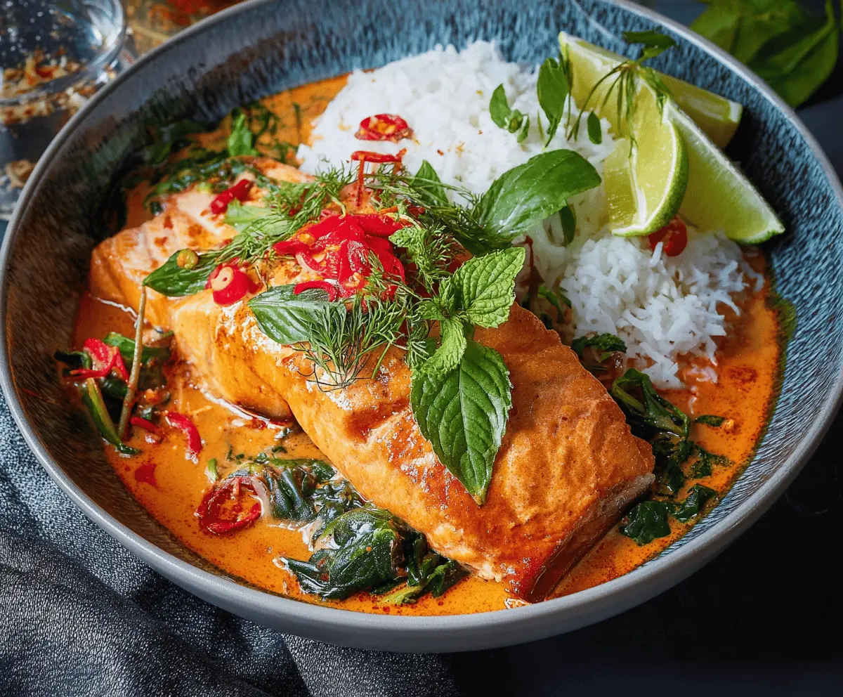 Delicious Thai Red Curry Salmon served with vibrant vegetables and fragrant herbs on a plate.