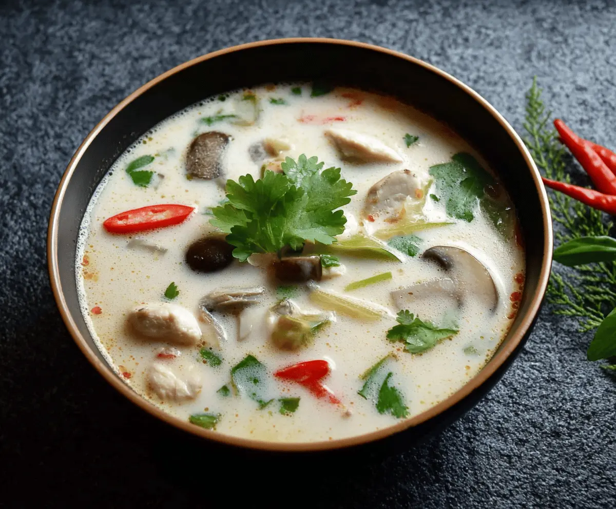 Creamy bowl of Tom Kha Gai with sliced chicken, fresh herbs, and coconut milk, garnished with lime and chili peppers on a rustic wooden table.