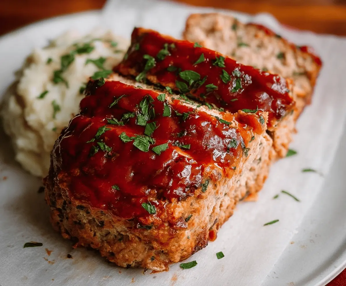 Delicious homemade turkey meatloaf garnished with fresh herbs on a white plate, ready to serve