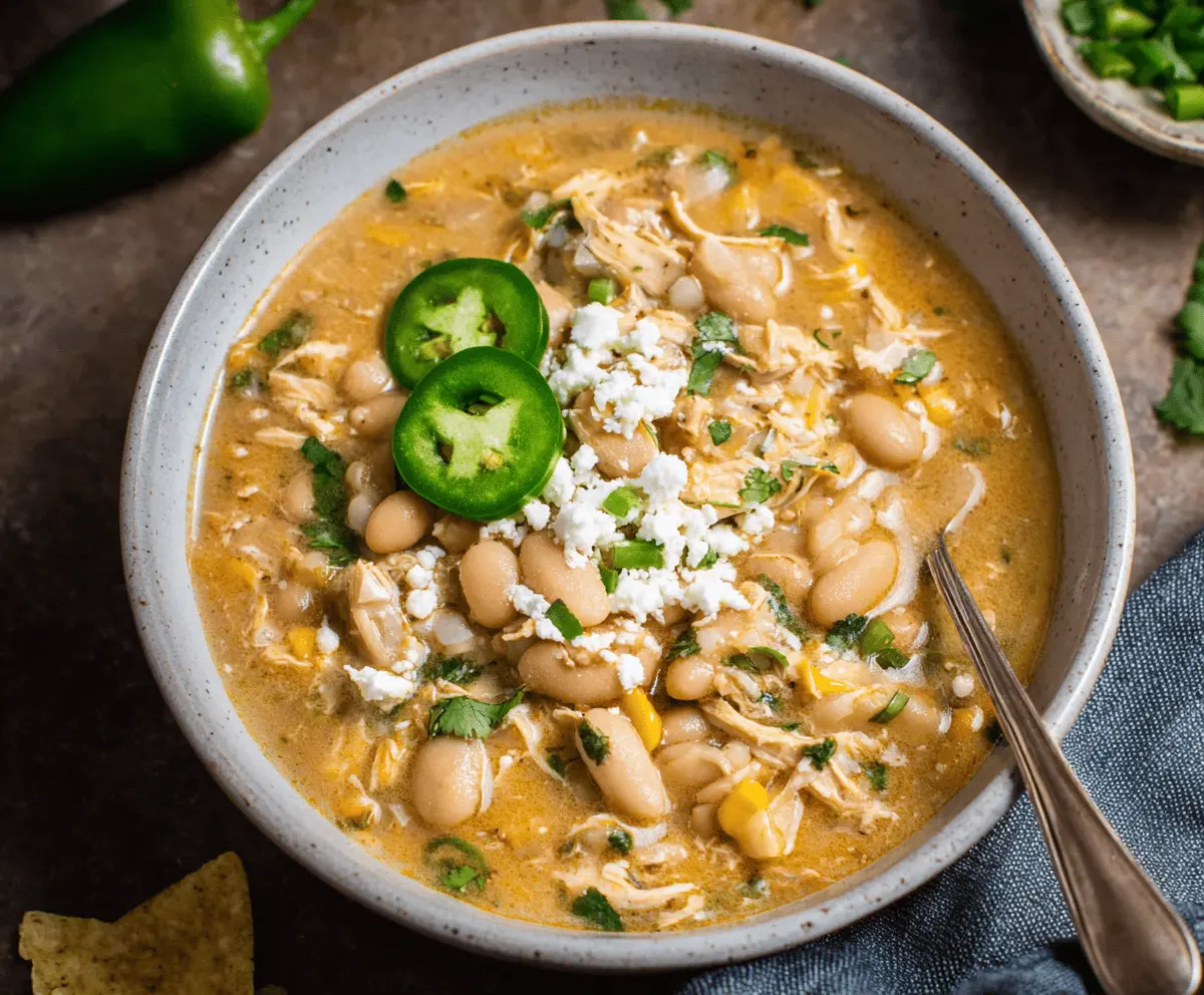 Creamy white chicken chili topped with fresh cilantro and shredded cheese in a bowl, perfect for a hearty, comforting meal.