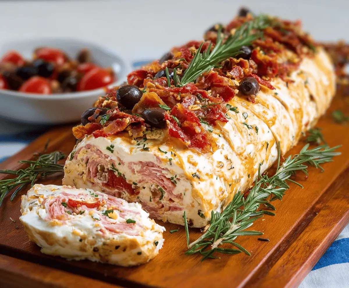 Delicious antipasto cheese log with assorted cured meats and fresh herbs