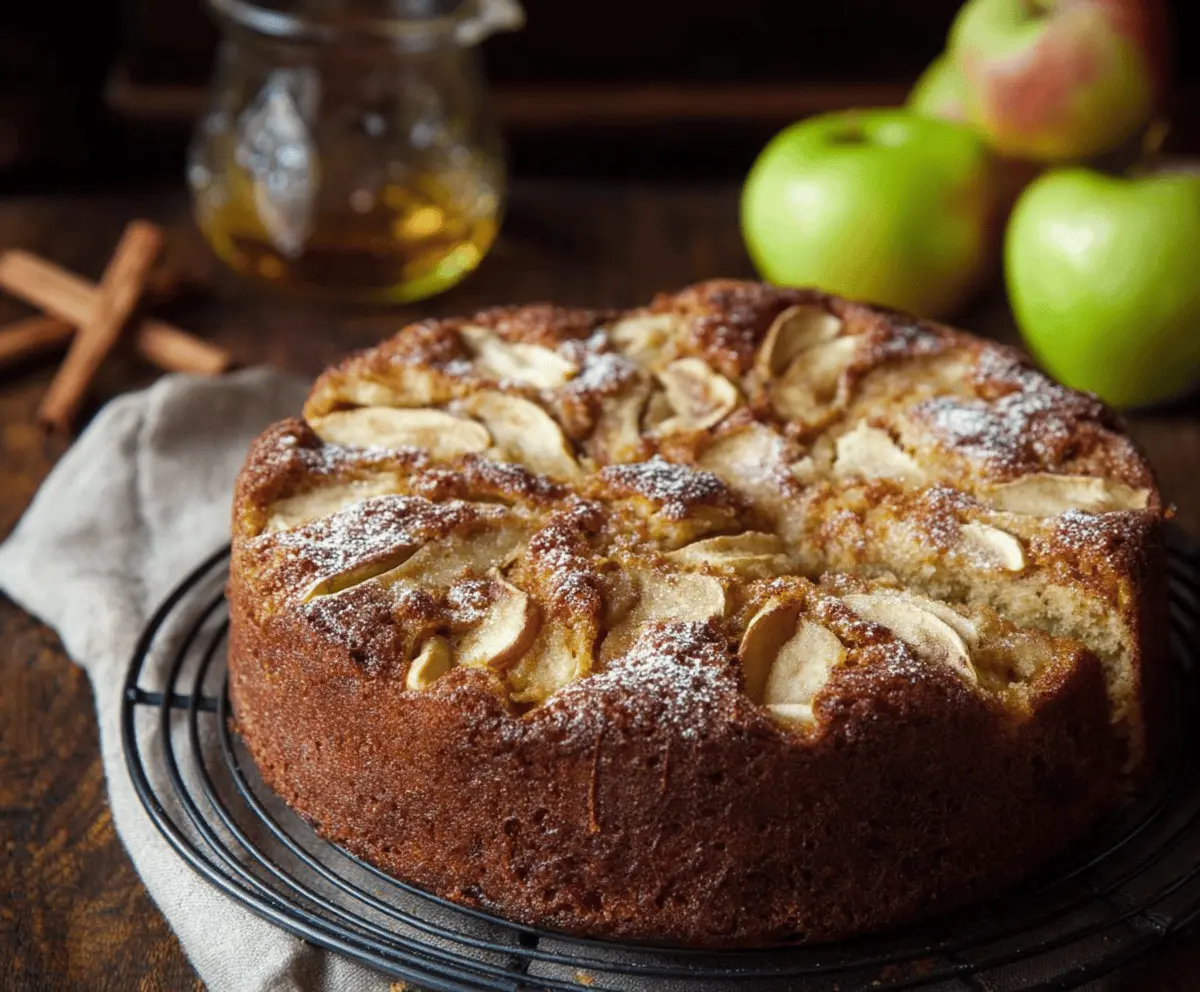 Delicious homemade apple cider cake topped with caramel glaze and cinnamon for a comforting dessert.