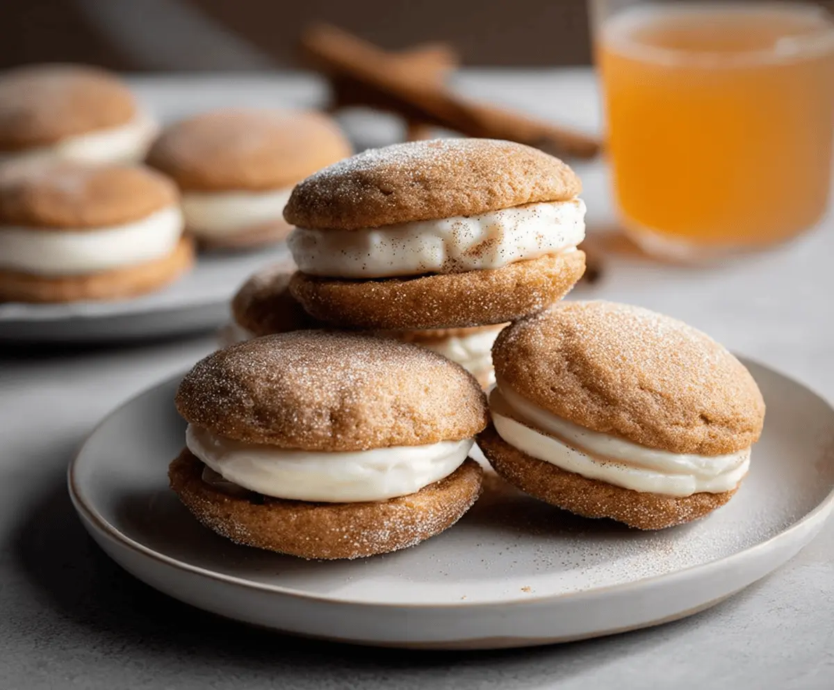 Delicious apple cider whoopie pies with creamy filling and warm spices.