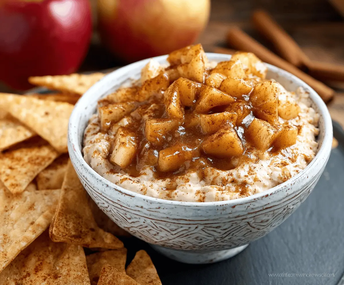 Delicious Apple Pie Dip served with crispy Cinnamon Tortilla Chips for a sweet treat.