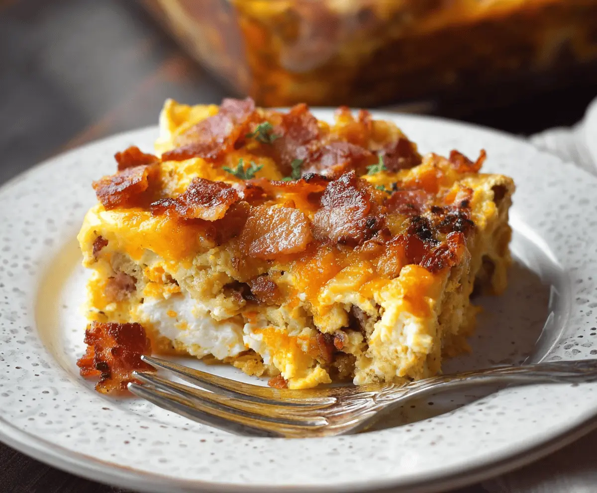 Delicious Bacon Breakfast Casserole with eggs, cheese, and crispy bacon in a baking dish