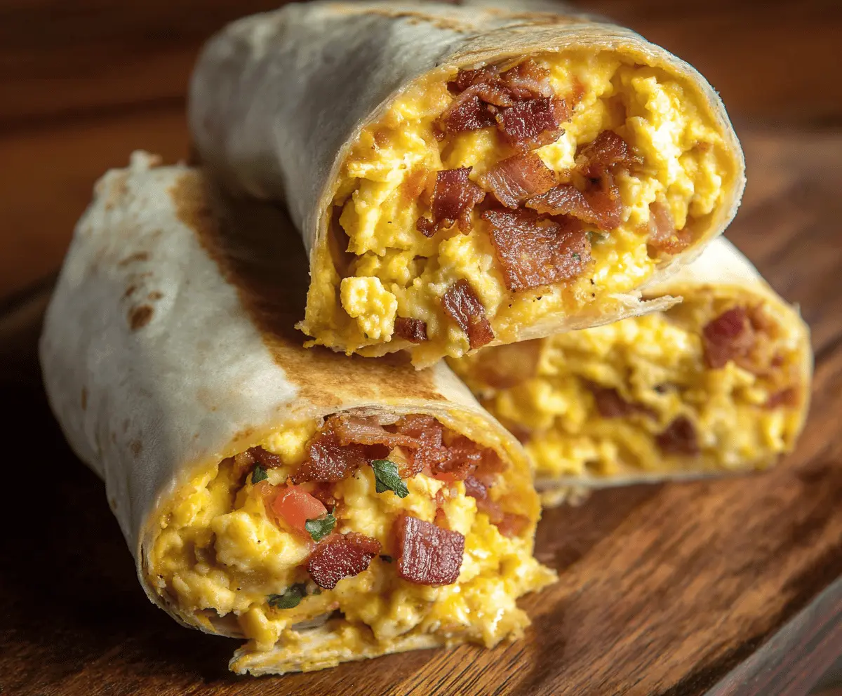 Delicious bacon egg burrito wrapped in a tortilla, perfect for breakfast or brunch.