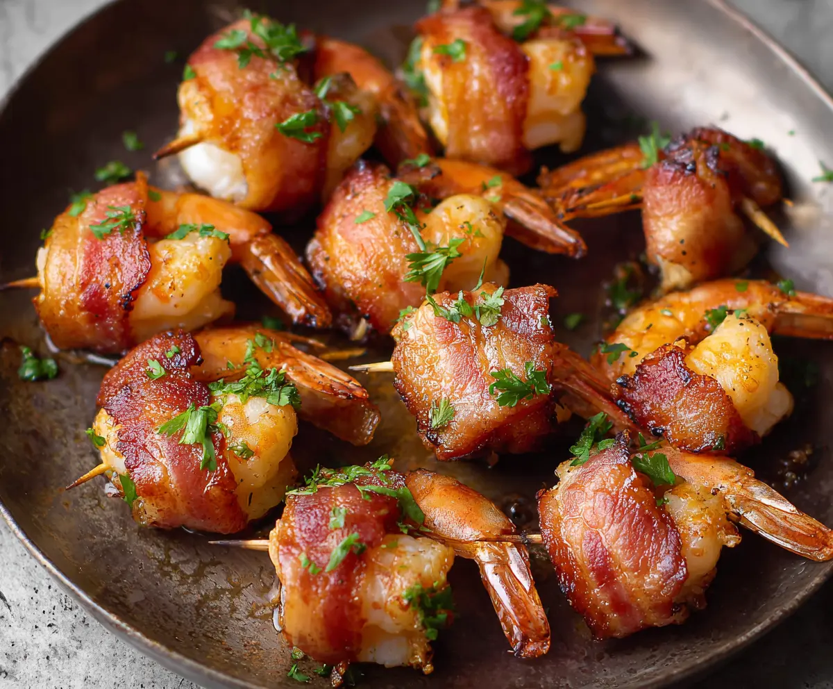 Delicious bacon-wrapped shrimp on a white plate, perfect for appetizers and parties.