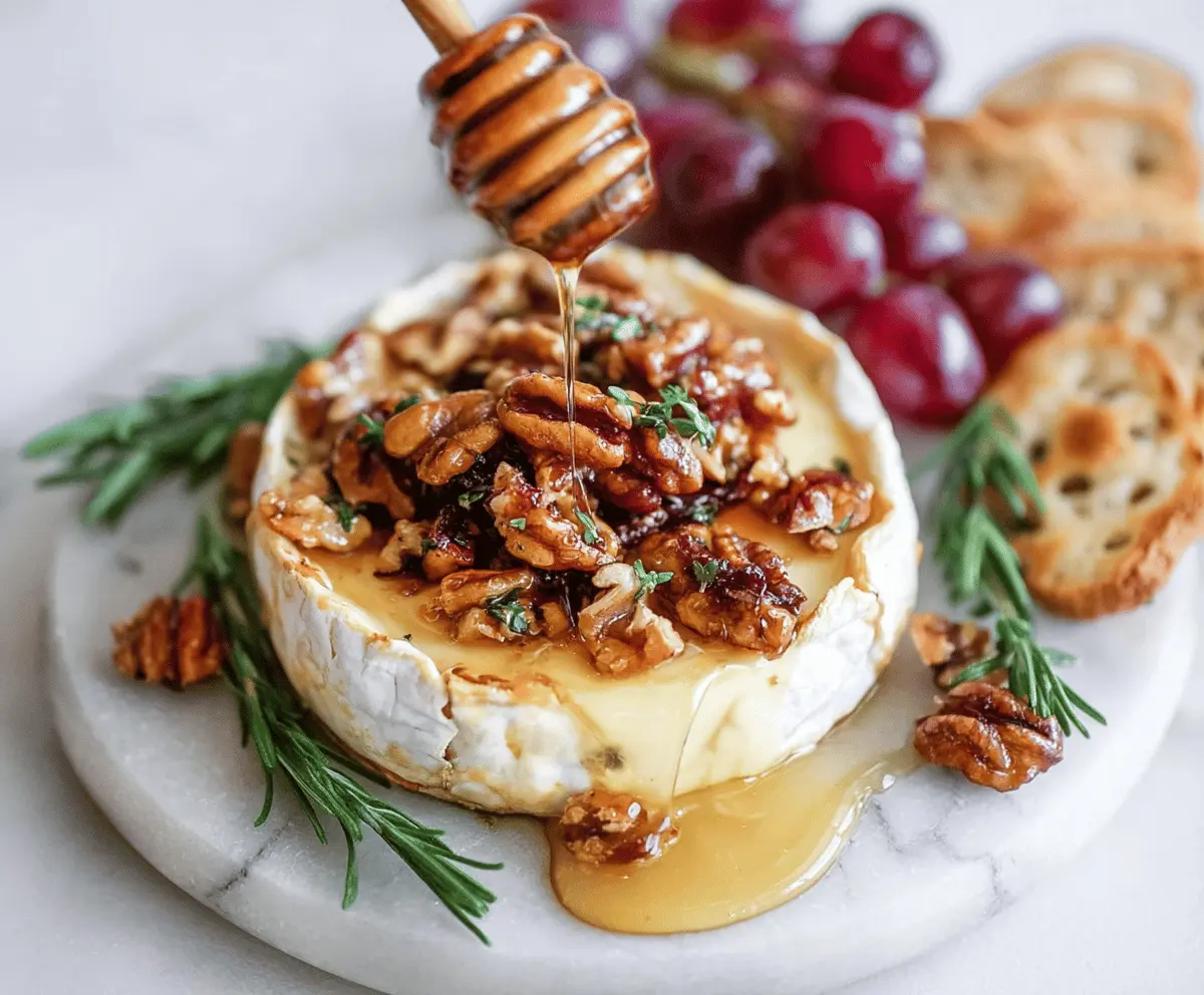 Delicious baked brie cheese topped with honey and mixed nuts, served as an elegant appetizer.