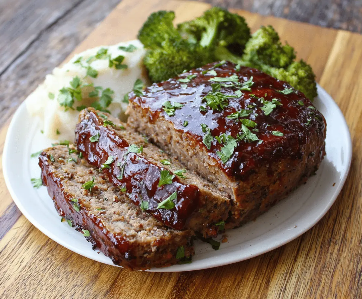 Delicious Balsamic Glazed Meatloaf served on a plate, garnished with herbs for a flavorful dinner.