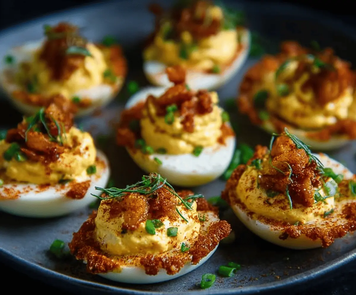 Delicious Bayou-Inspired Deviled Eggs garnished with herbs on a serving platter.
