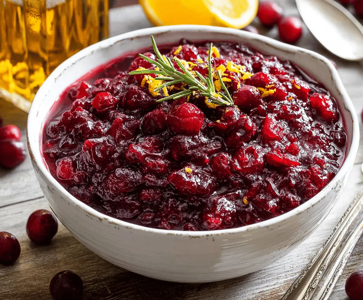 Delicious homemade bourbon cranberry sauce with fresh cranberries for holiday meals
