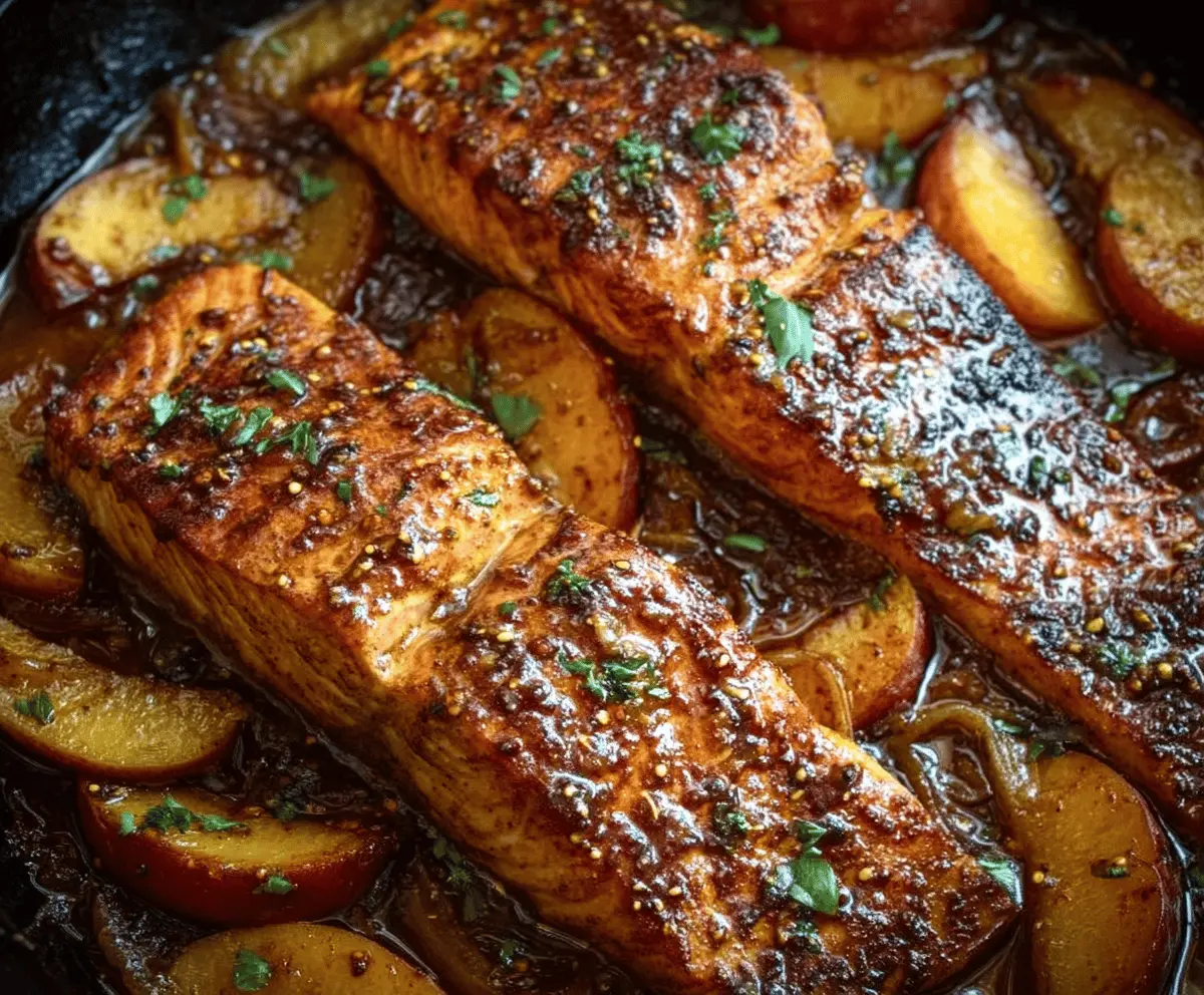 Delicious Bourbon Peach Roasted Salmon served with fresh peaches and herbs on a serving platter.