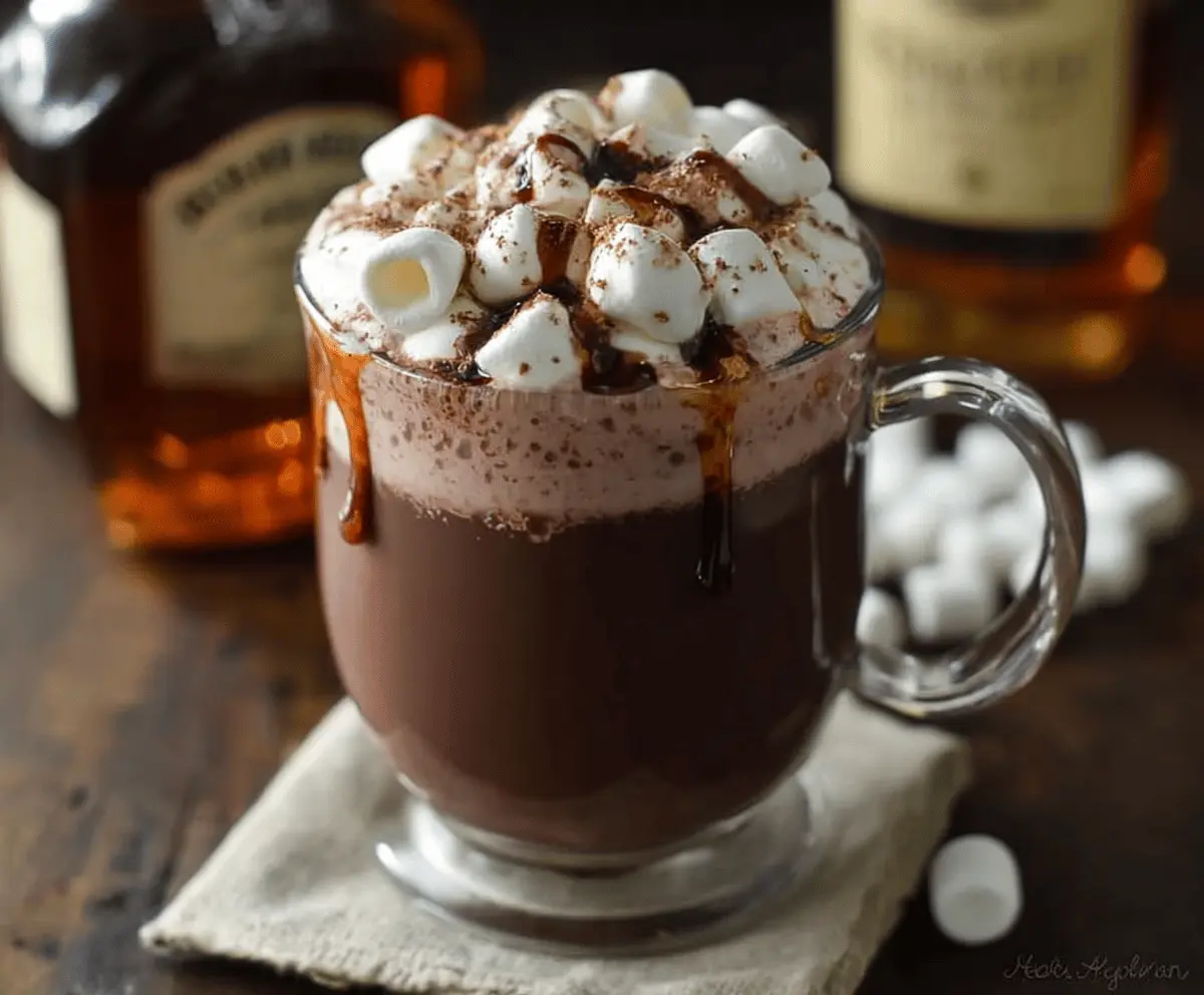 Delicious Bourbon Spiked Hot Chocolate in a cozy mug with whipped cream and chocolate shavings