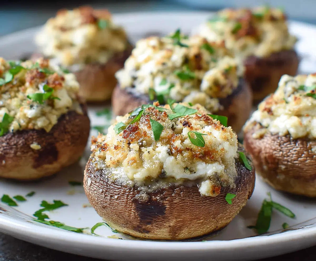 Delicious Boursin stuffed mushrooms topped with fresh herbs, perfect for appetizers.