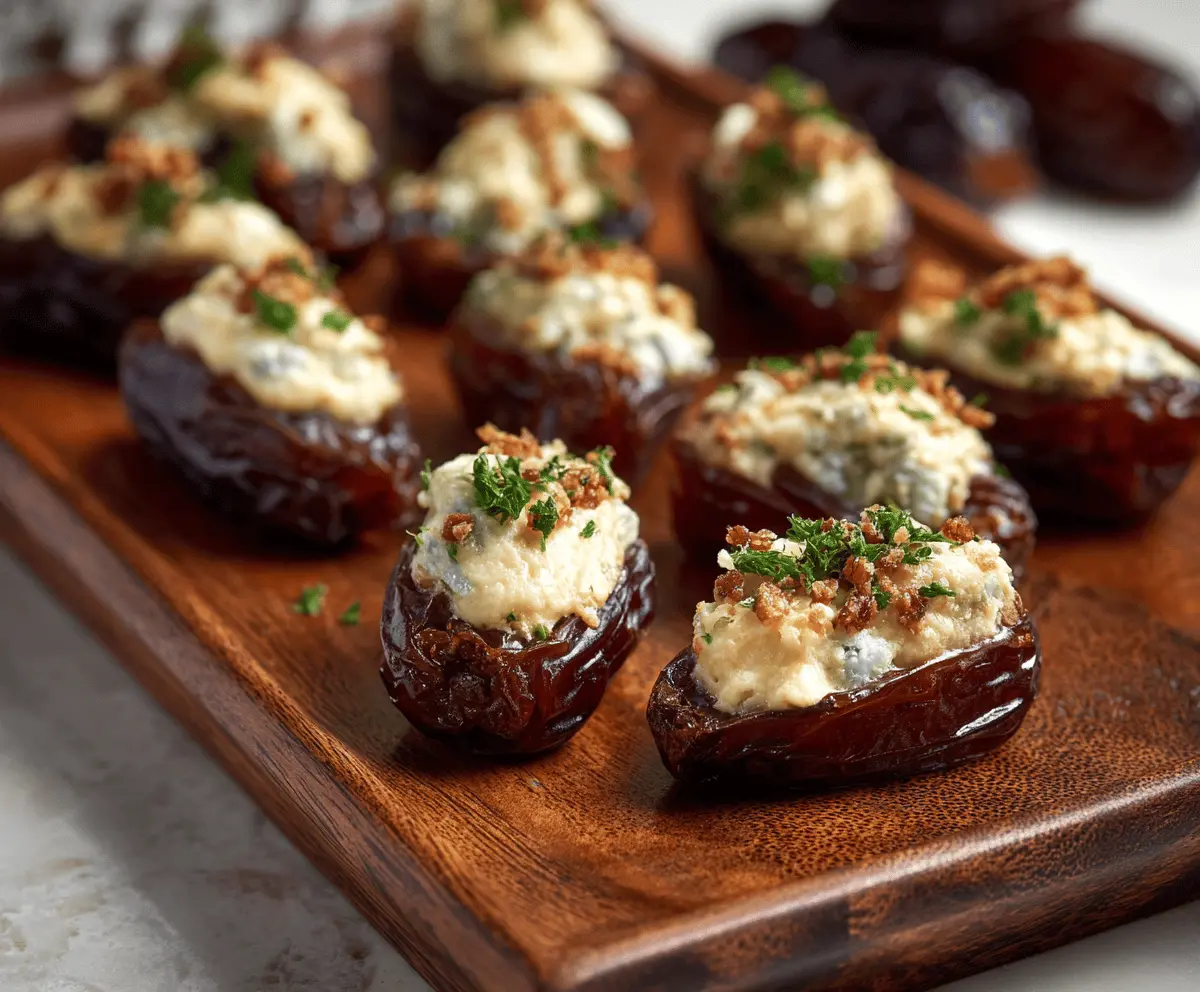 Delicious Brie stuffed dates wrapped in crispy bacon, perfect for appetizer parties.