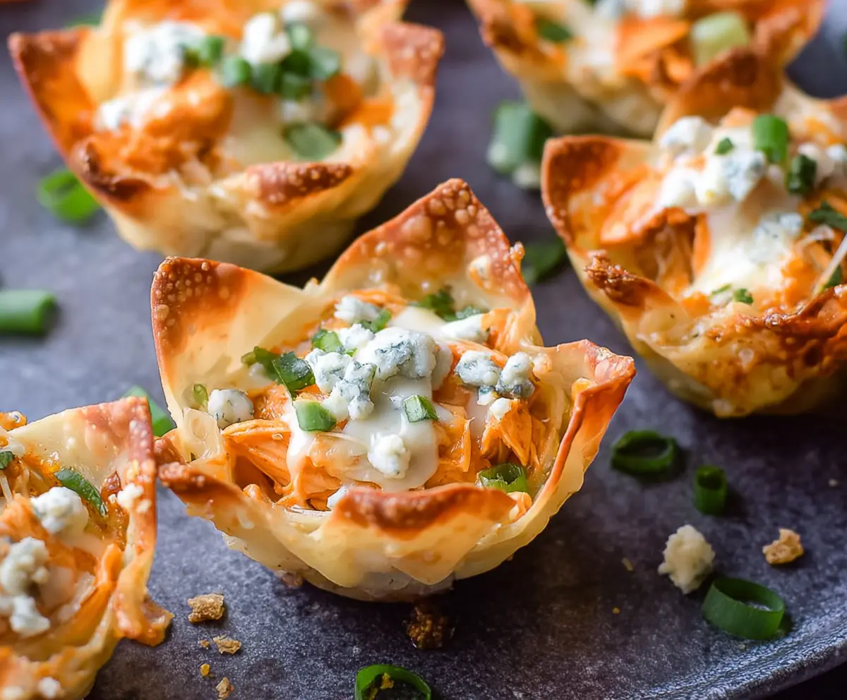 Buffalo Chicken Wonton Cups delicious appetizer with spicy chicken and crispy wonton shells