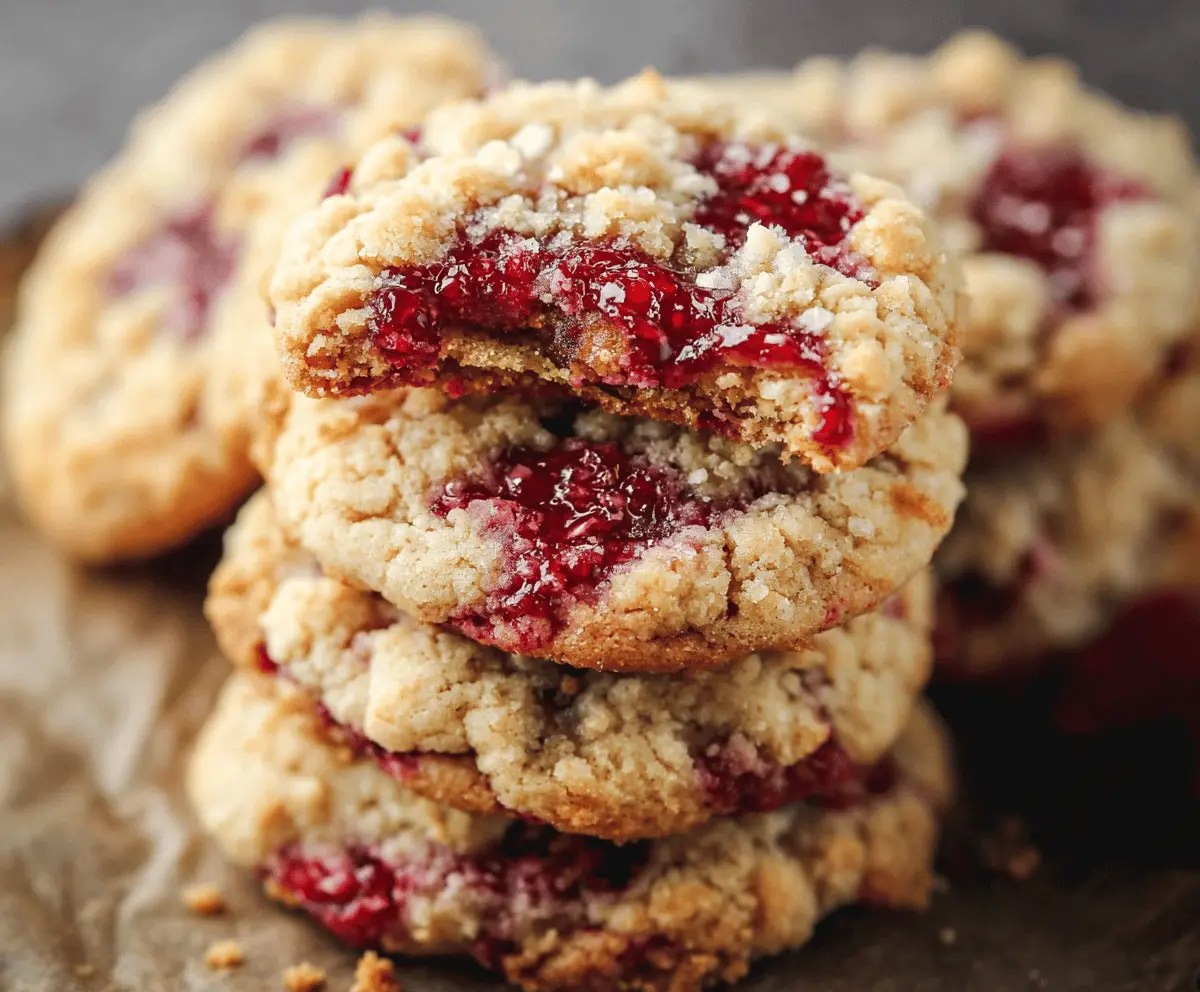 Delicious buttery raspberry crumble cookies with a golden crust and fresh raspberries.