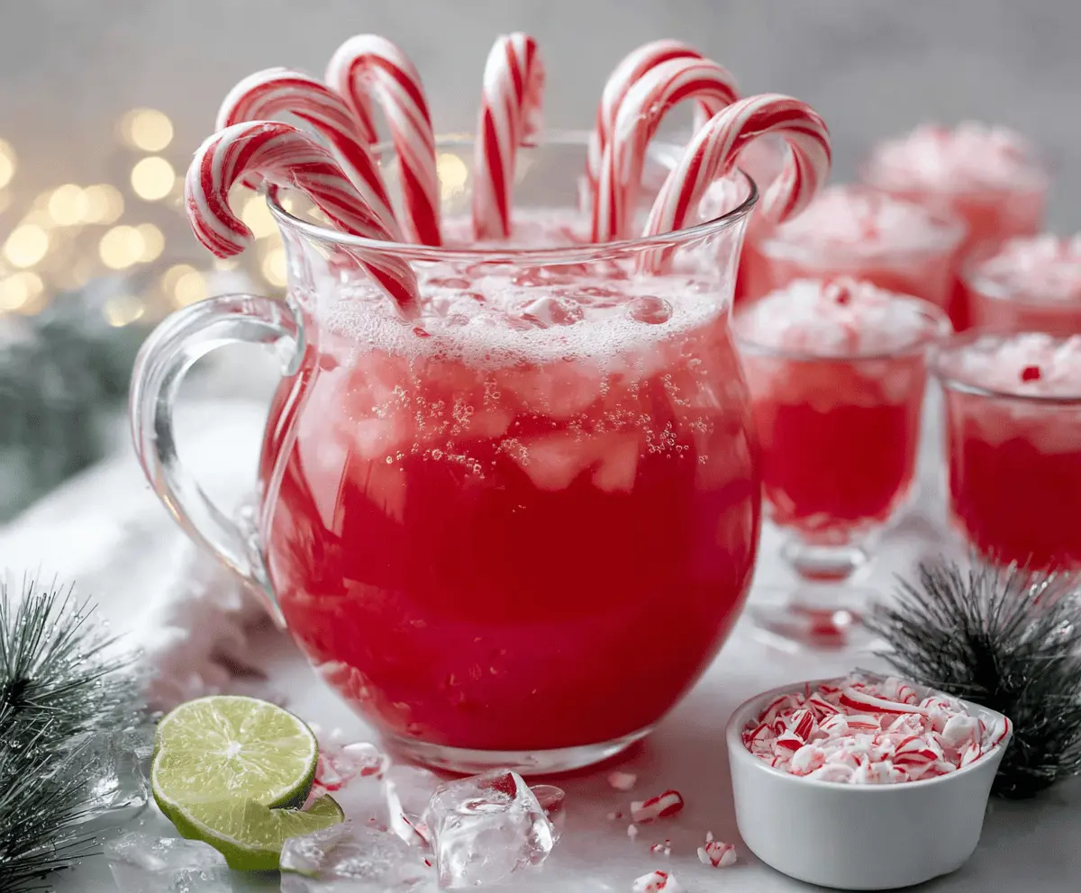 Festive Candy Cane Punch Mocktail in a clear glass decorated with peppermint candies and mint leaves.
