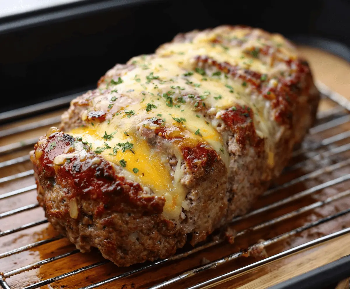 Delicious cheddar-stuffed meatloaf sliced to reveal gooey melted cheese inside, served on a white plate.