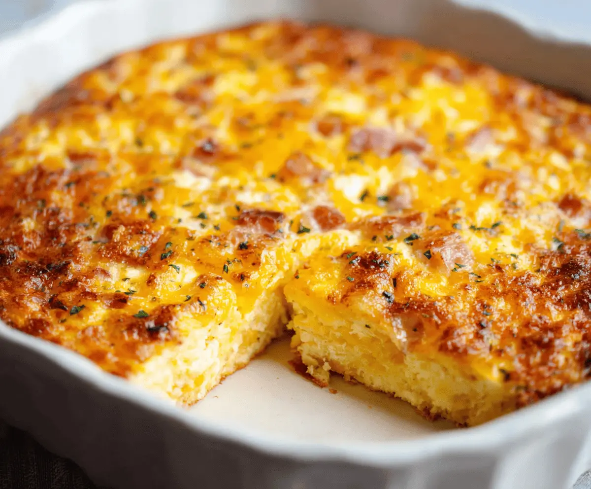 Delicious Cheesy Hashbrown Egg Casserole topped with melted cheese and fresh herbs.