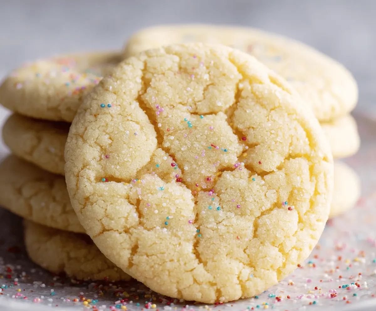 Close-up of chewy drop sugar cookies with a golden-brown exterior on a baking sheet.