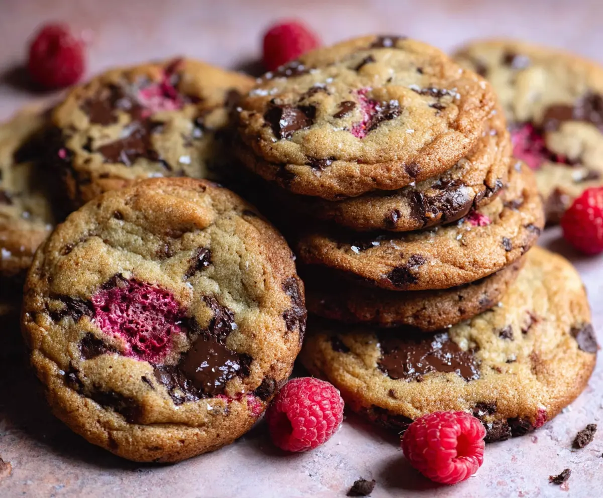 Delicious chewy raspberry chocolate chip cookies fresh out of the oven, showcasing a perfect blend of fruit and chocolate.