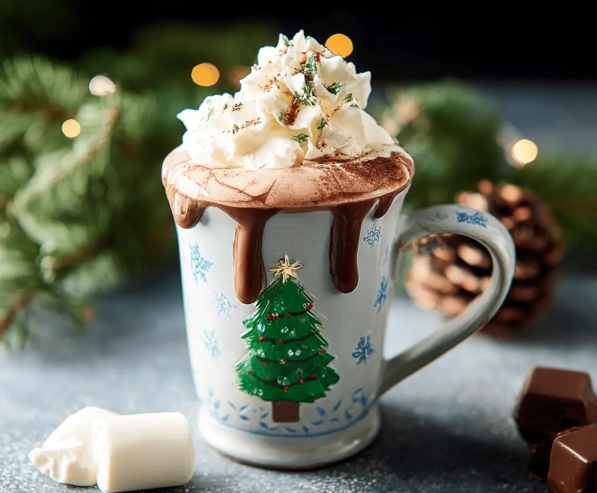 Creamy Christmas hot chocolate topped with whipped cream and festive sprinkles in a cozy mug.