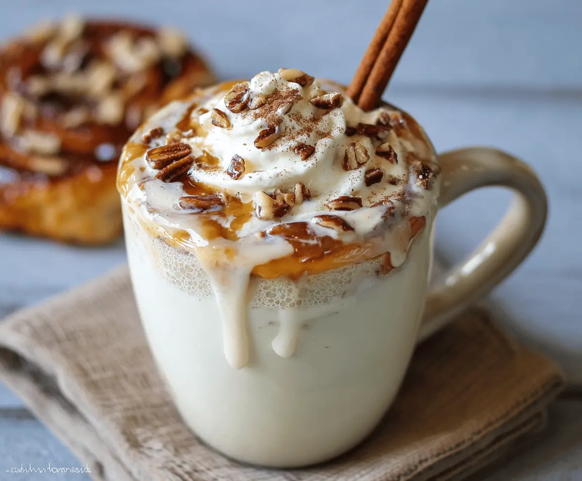 Creamy cinnamon bun white hot chocolate in a glass mug topped with whipped cream and cinnamon dust.