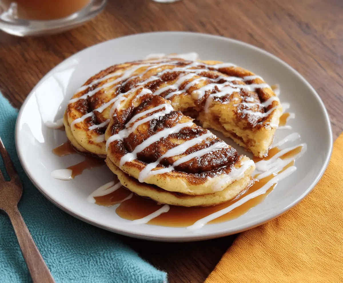 Delicious cinnamon swirl pancakes topped with fresh syrup and a sprinkle of cinnamon.
