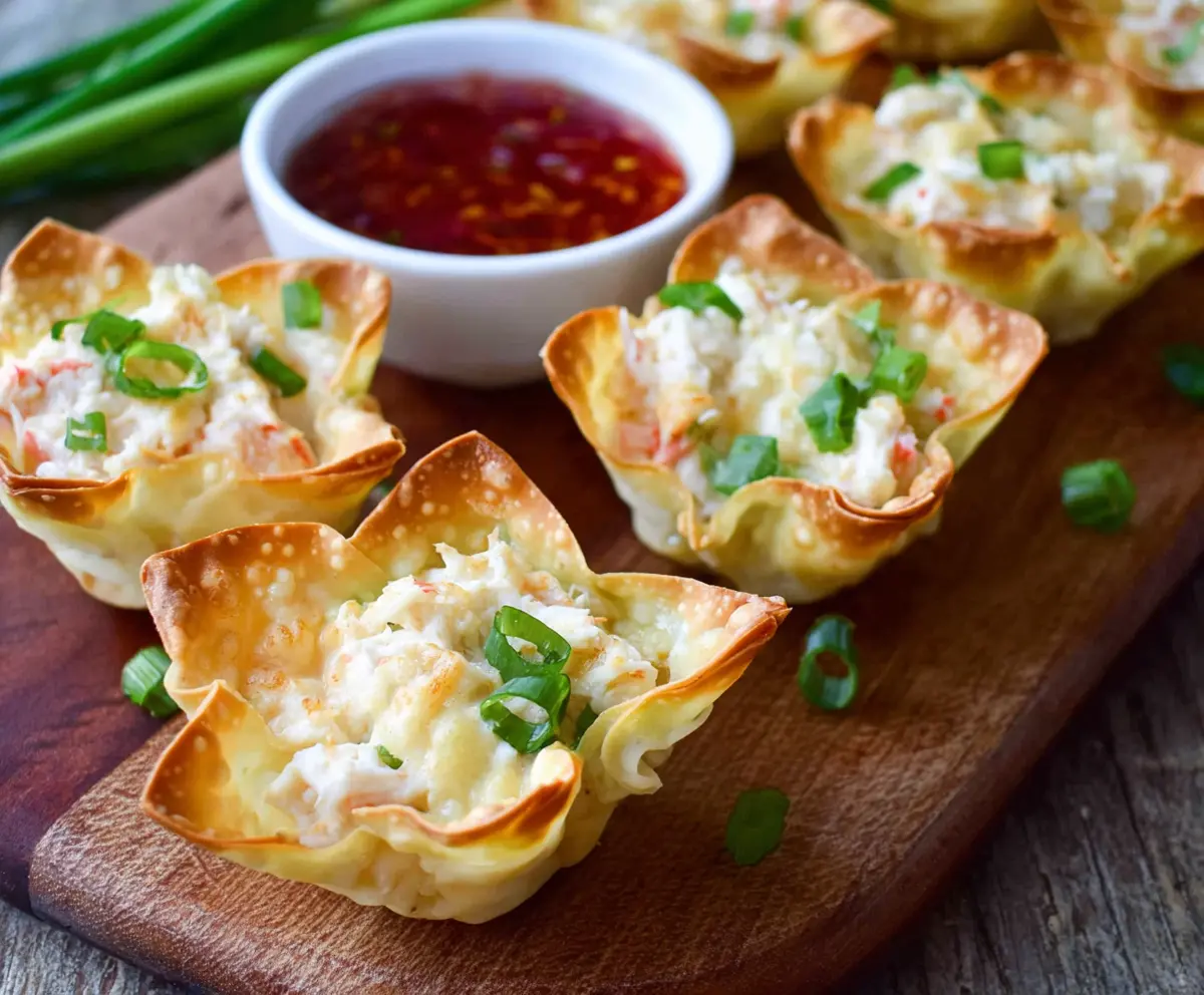 Crispy Crab Rangoon Wonton Cups filled with creamy crab mixture, garnished with green onions on a white plate.