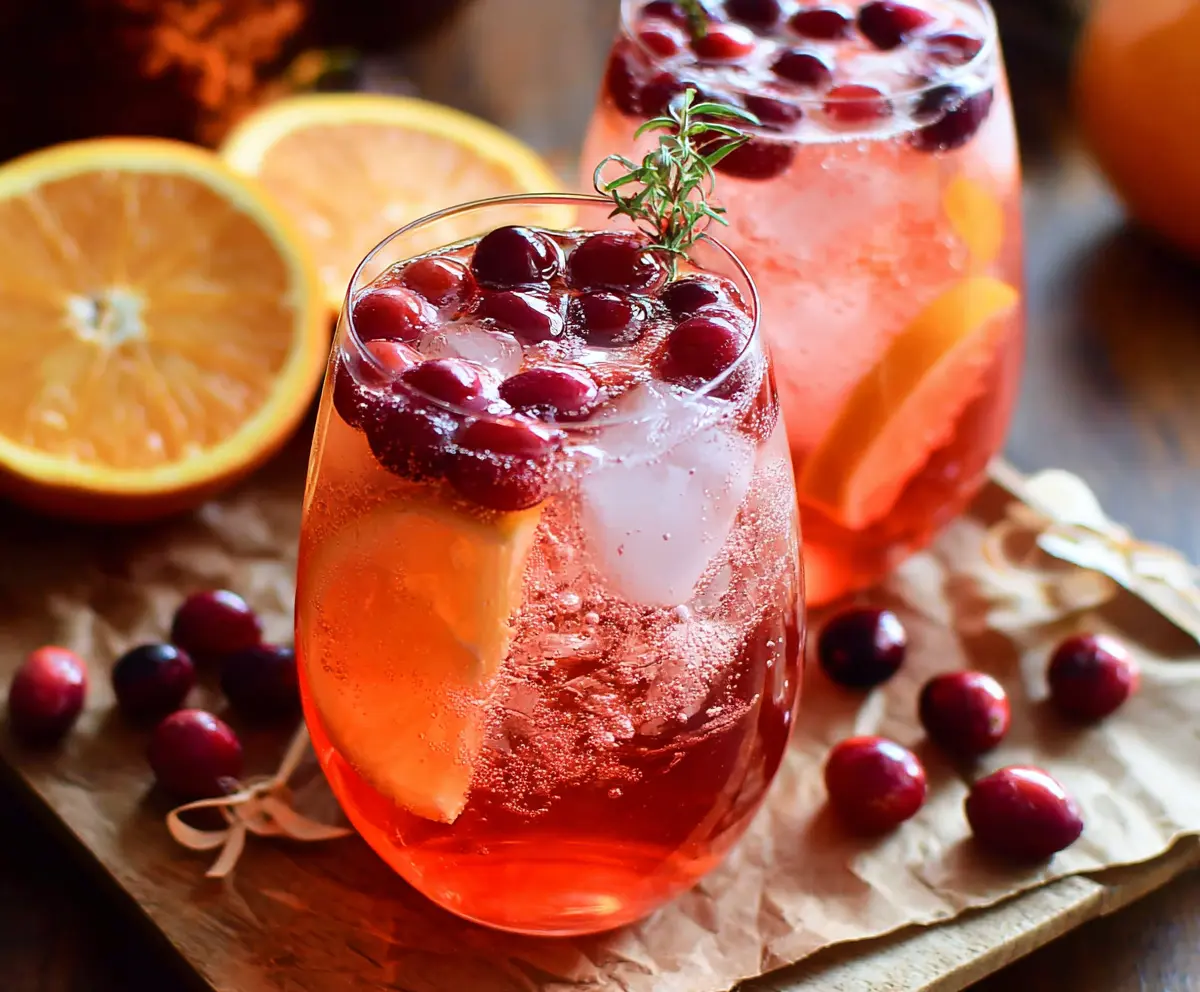 Refreshing Cranberry Aperol Spritz cocktail garnished with fresh cranberries and a slice of orange.