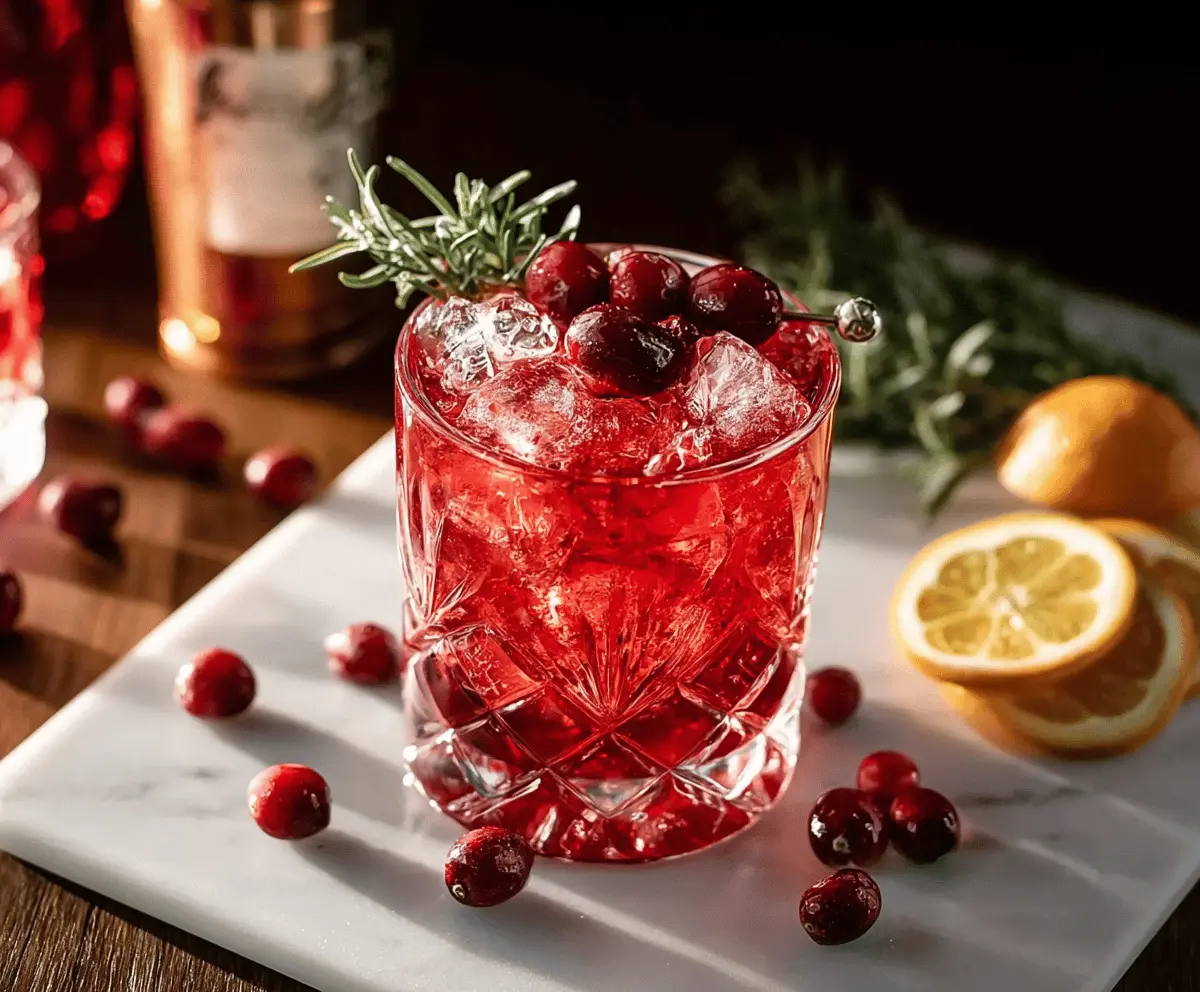 Refreshing Cranberry Bourbon Smash cocktail garnished with fresh cranberries and mint.