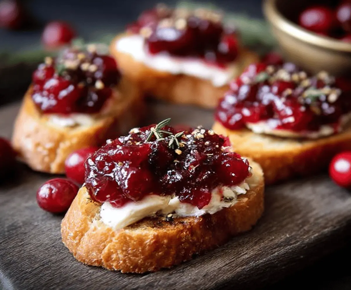Cranberry chutney spread on crispy crostini garnished with fresh herbs for an elegant appetizer.