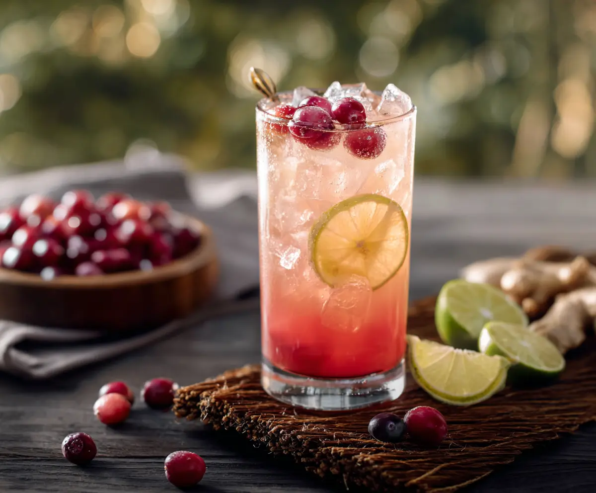 Cranberry Ginger Paloma cocktail in a glass garnished with lime and cranberries for festive flavor.