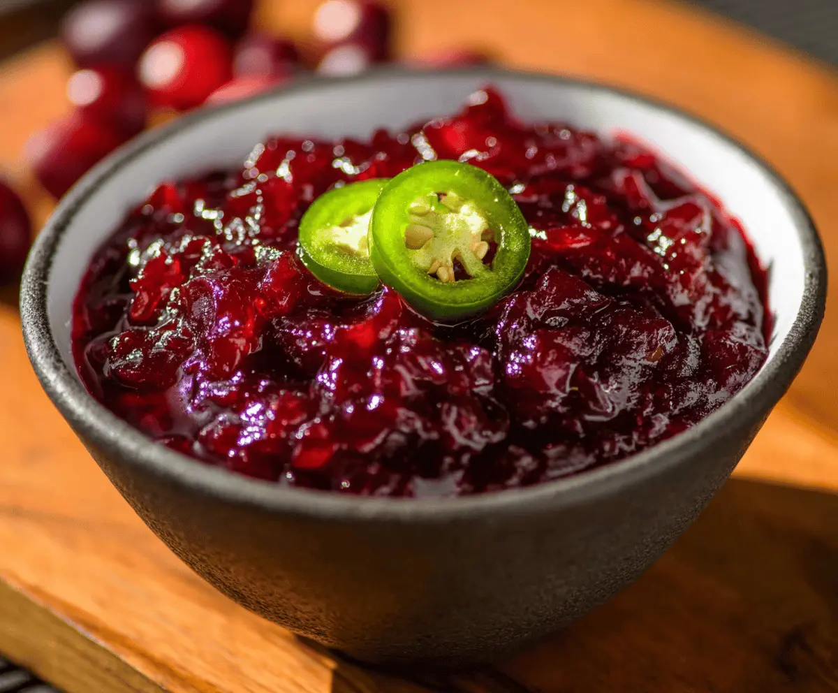 Vibrant homemade Cranberry Jalapeño Sauce in a clear glass bowl with fresh cranberries and jalapeños.