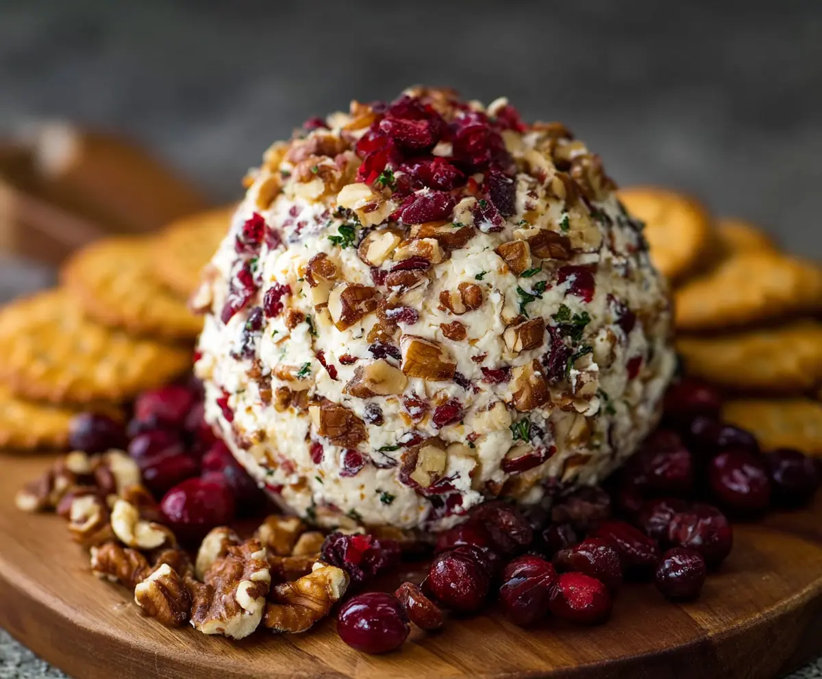 Delicious Cranberry Nut Cream Cheese Ball with fresh cranberries, nuts, and herbs for a festive appetizer.