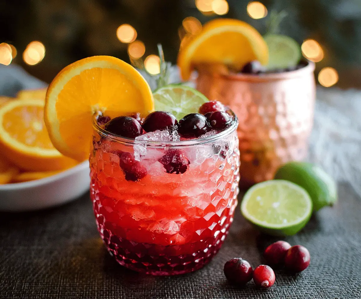 A refreshing Cranberry Orange Moscow Mule served in a copper mug with fresh cranberries and orange slices.
