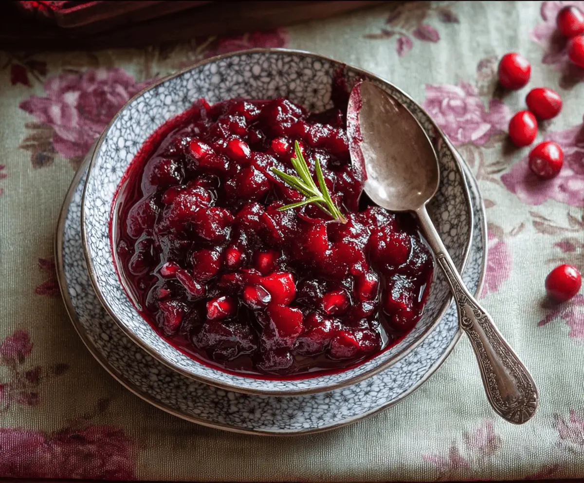 Delicious homemade cranberry pomegranate sauce served in a glass bowl for festive occasions.