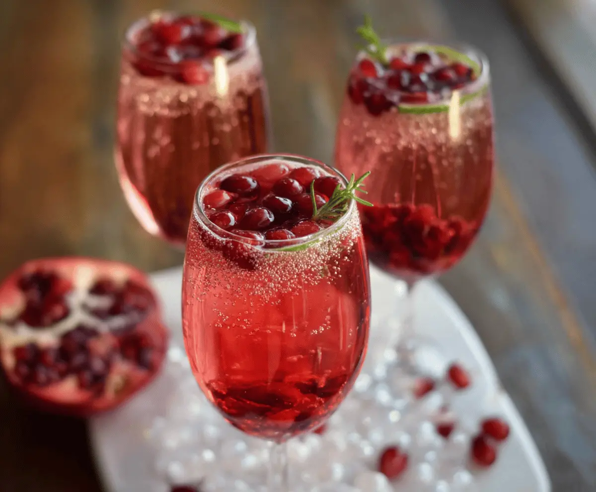 Refreshing Cranberry Prosecco Pomegranate Cocktail served in a glass with fresh cranberries and pomegranate seeds.