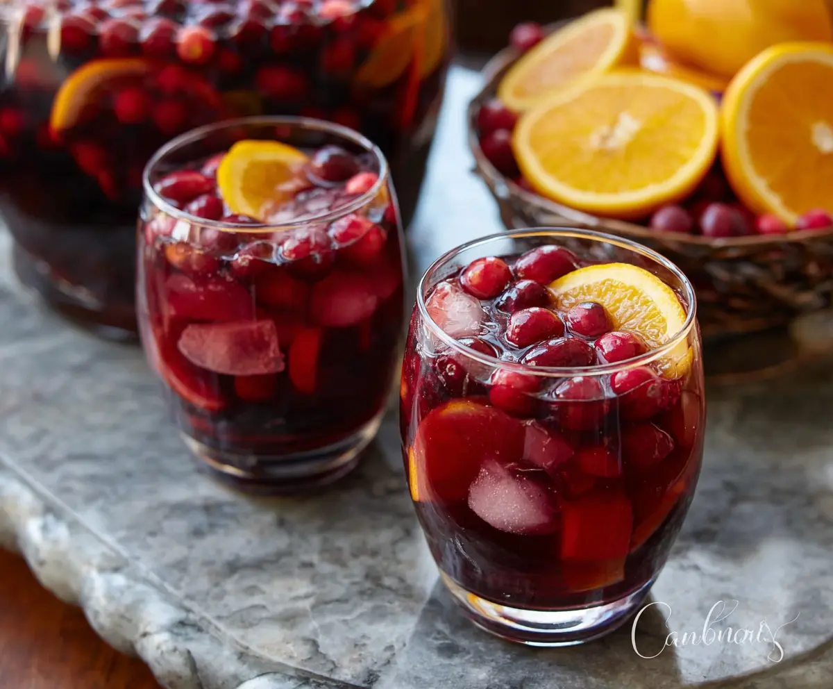 Refreshing cranberry sangria in a glass with fresh cranberries and citrus slices, perfect for holiday celebrations