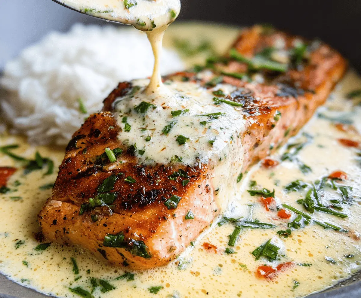 Delicious creamy garlic butter salmon served on a plate with fresh herbs.