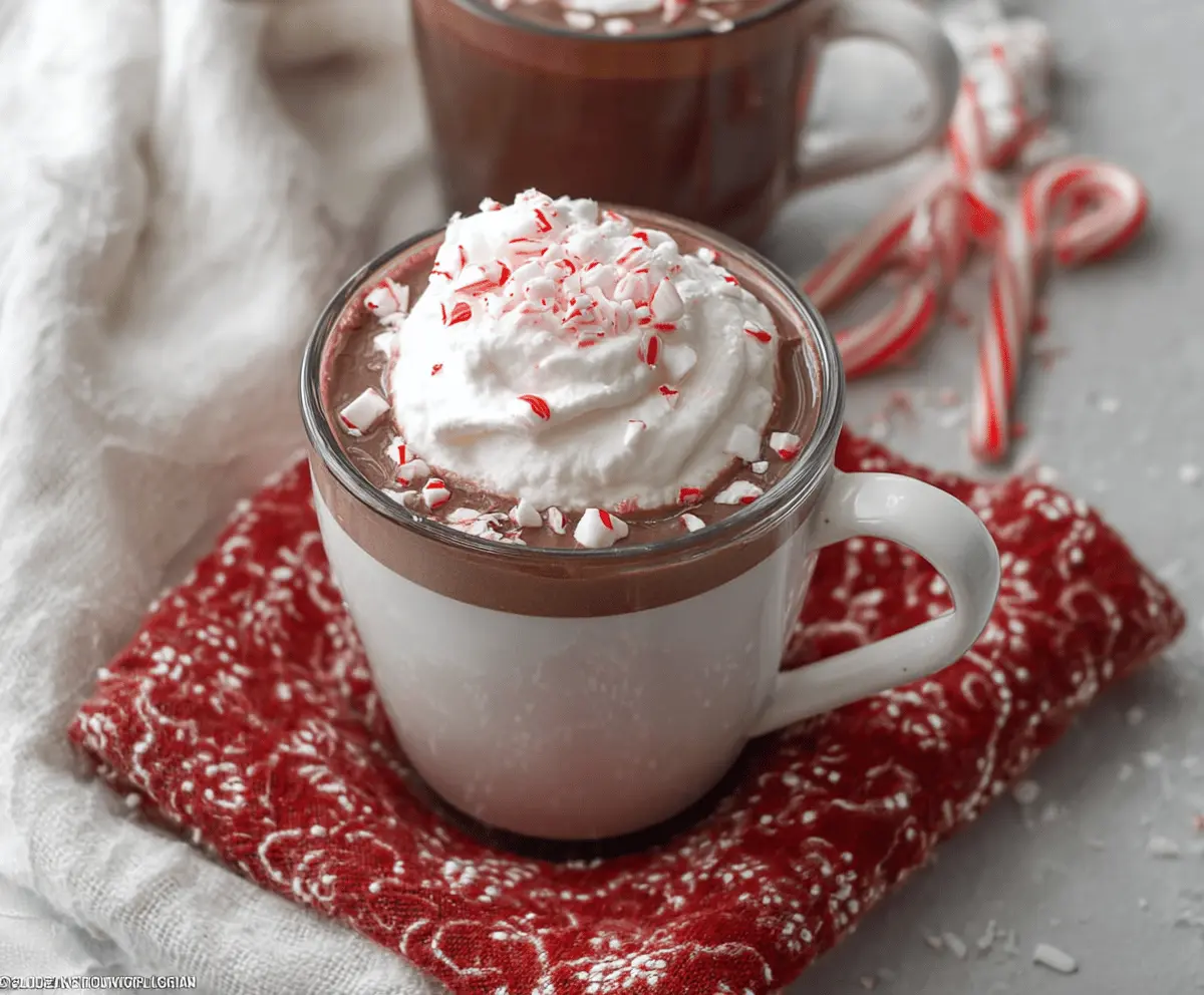 Delicious Crockpot Peppermint Hot Chocolate topped with whipped cream and peppermint candies, perfect for cozy winter evenings.