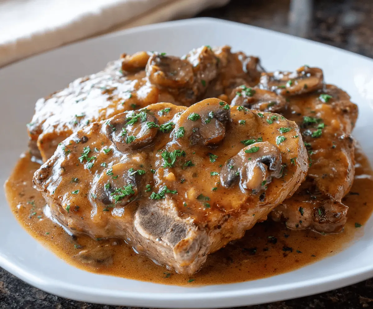 Delicious crockpot pork chops with savory sauce served on a plate