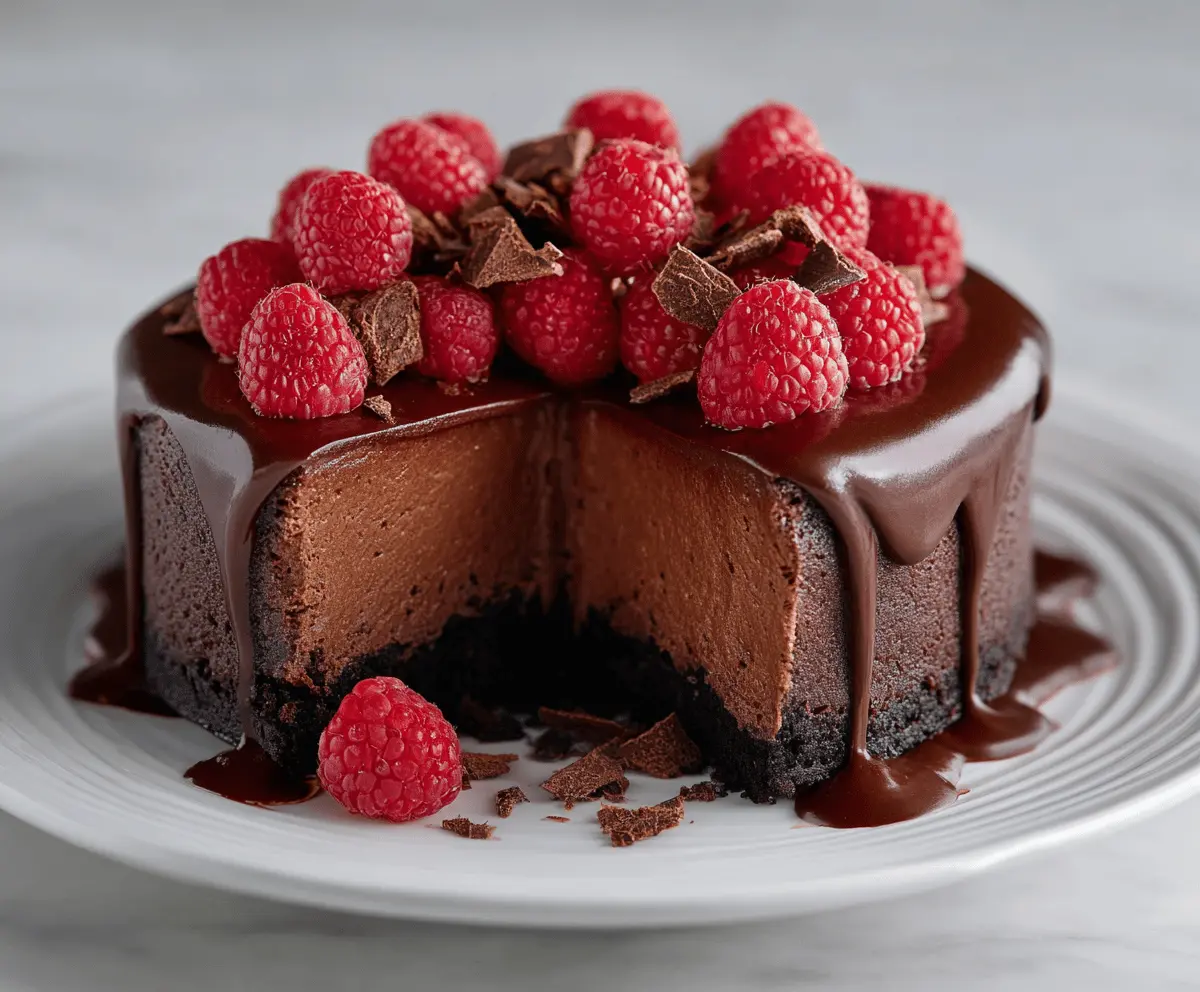 Rich dark chocolate raspberry cheesecake topped with fresh raspberries and a glossy chocolate glaze.