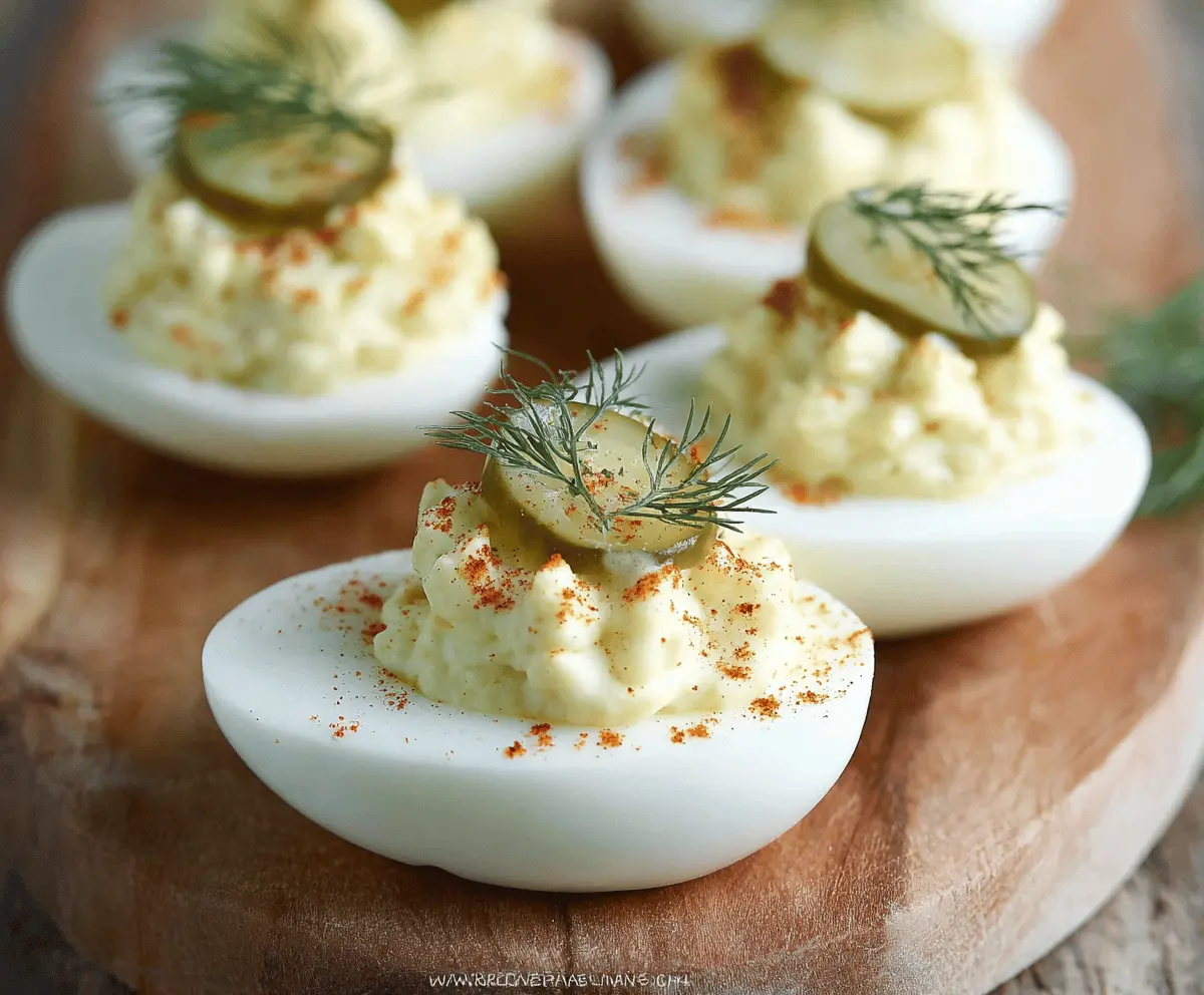 Close-up of Dill Pickle Deviled Eggs garnished with fresh herbs on a white platter.