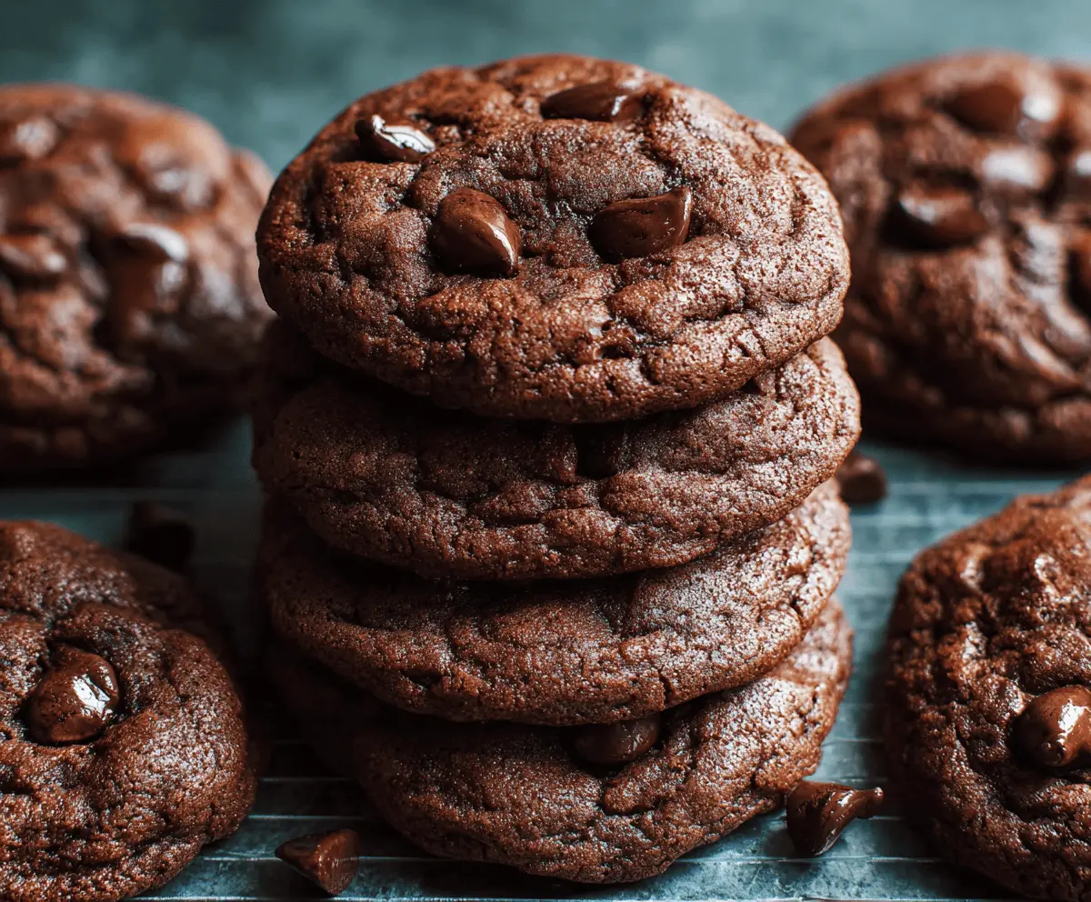 Delicious double chocolate chip cookies fresh out of the oven with gooey chocolate chips.