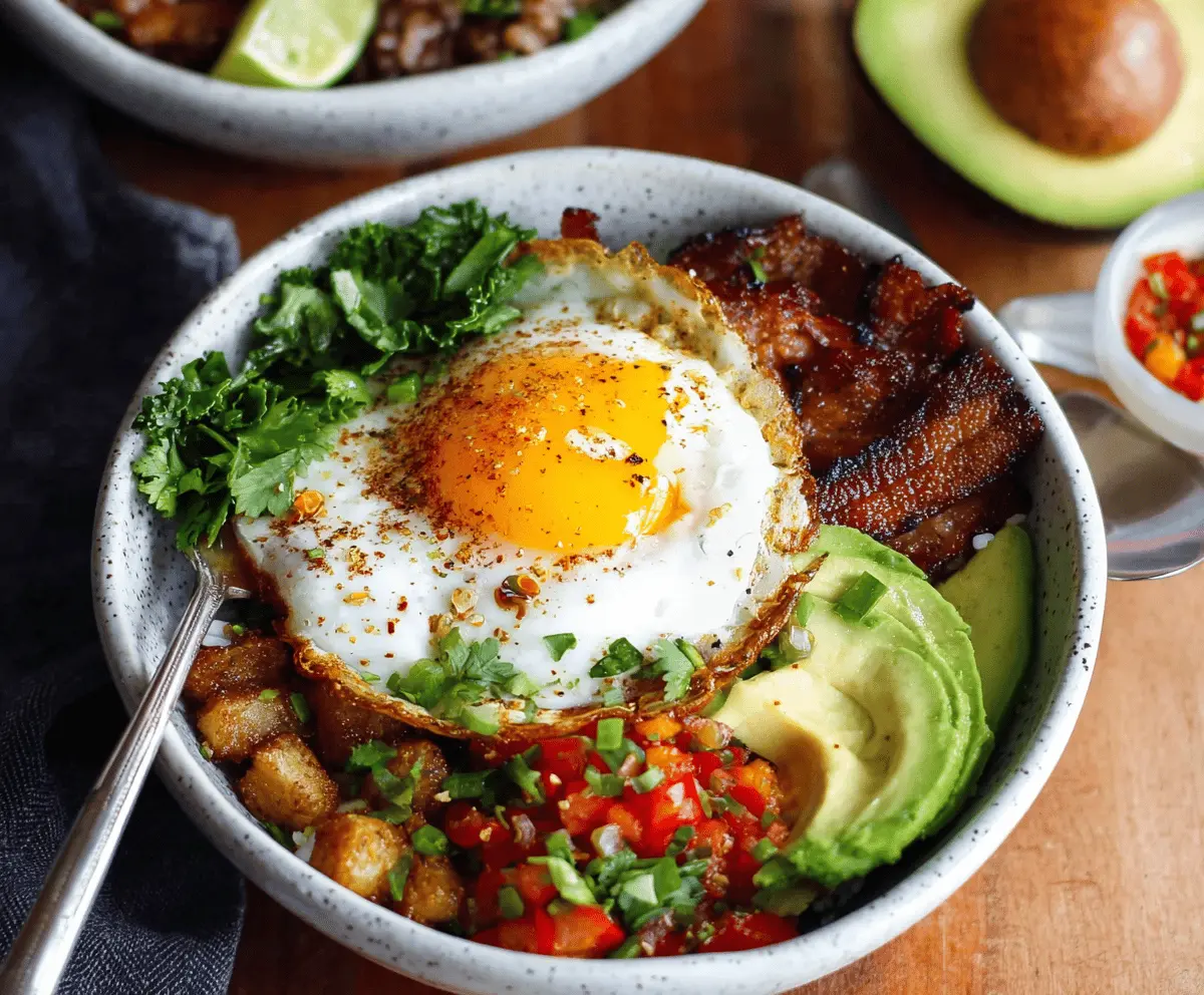 Delicious egg breakfast bowls with fresh vegetables and herbs served in a white bowl.
