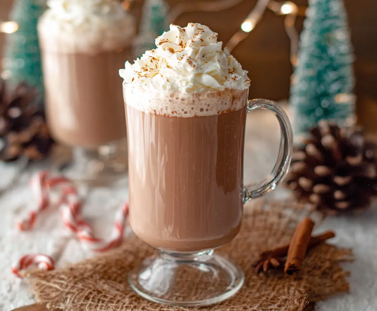 Creamy Eggnog Hot Chocolate topped with whipped cream and nutmeg in a cozy mug.