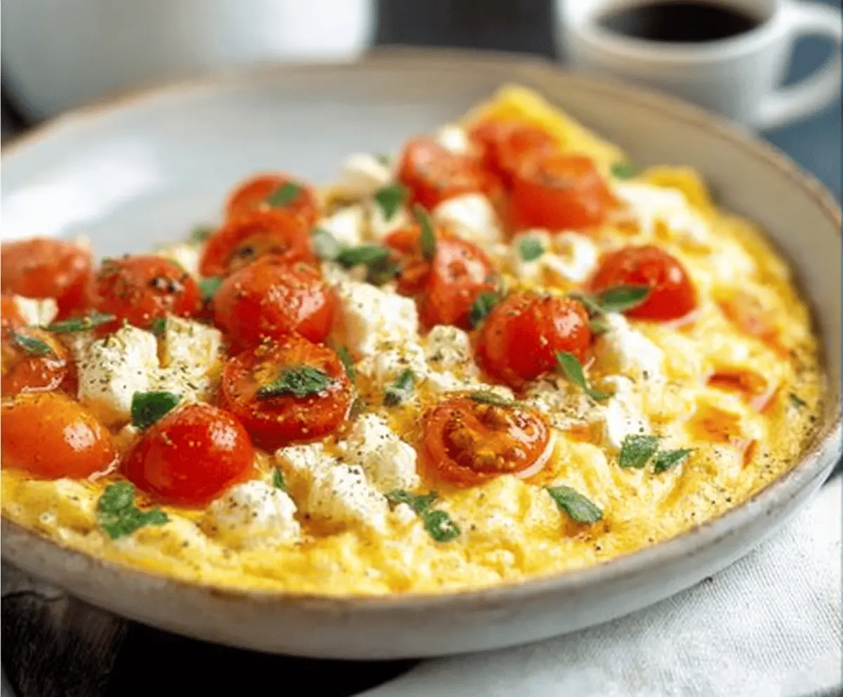 Delicious feta and tomato omelet served on a plate, perfect for breakfast or brunch.